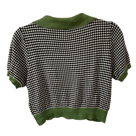 Cropped V-Neck Short Sleeve Black White Polka Dot Card Green Trim, NWOT, Size L - Picture 7 of 7